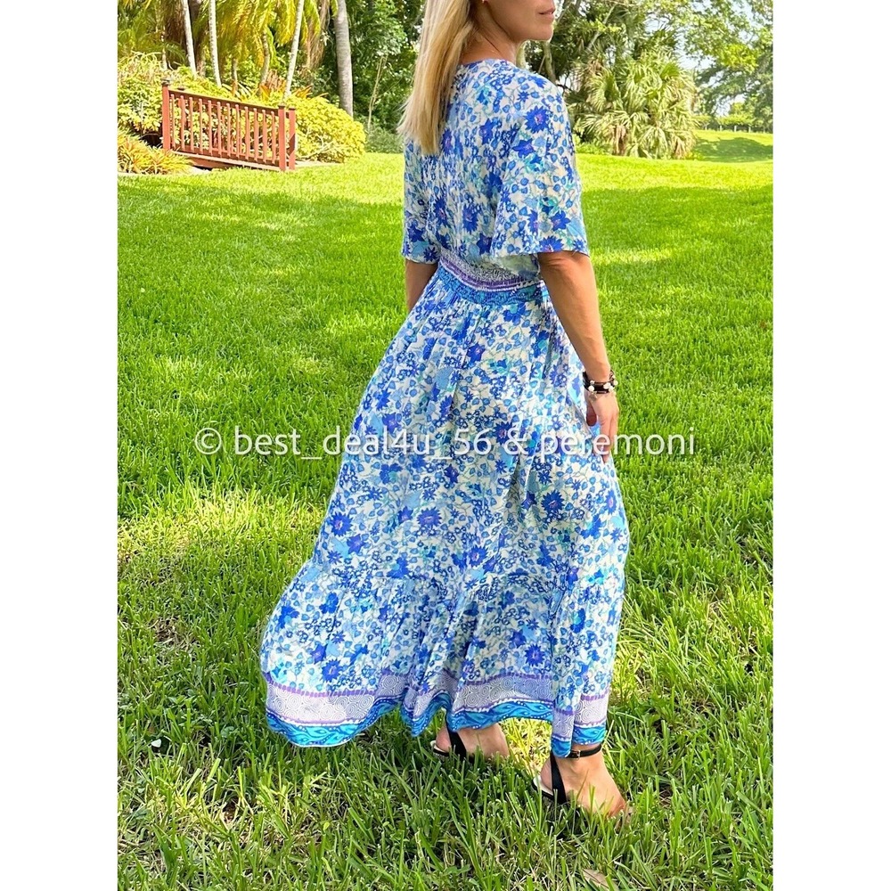Zara Floral Maxi Dress Women's S Blue White V-Neck Empire Waist Boho Resort - Picture 2 of 10